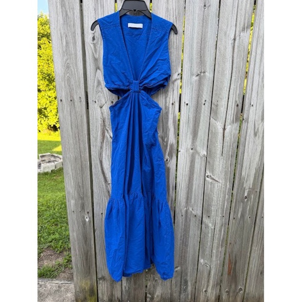 Cutout Mango Dress Womens XXS Blue Cotton Maxi Tiered Sleeveless V-Neck Poplin